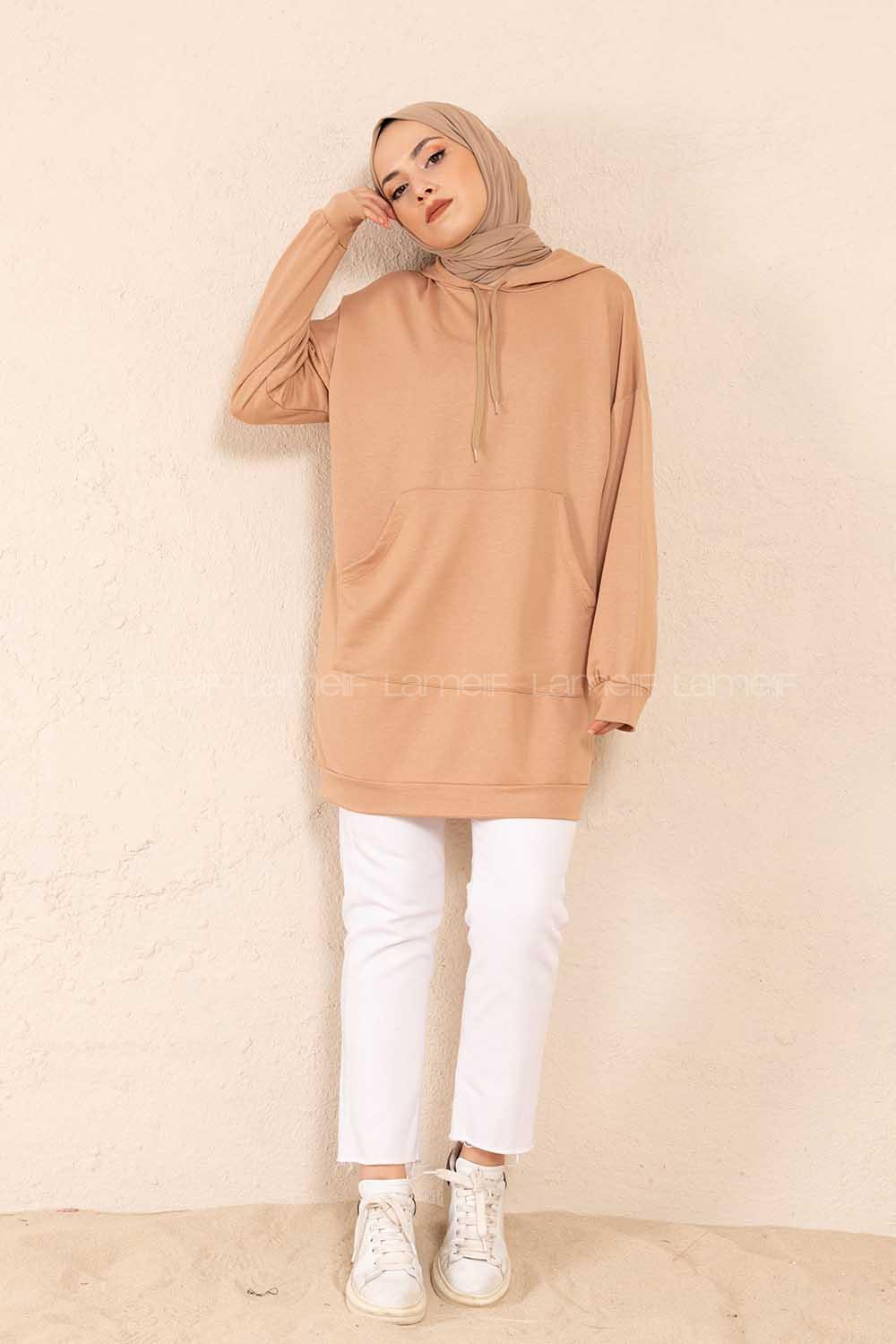 Modalamelif Kanguru Cep Kapşonlu Tunik Sütlü Kahve