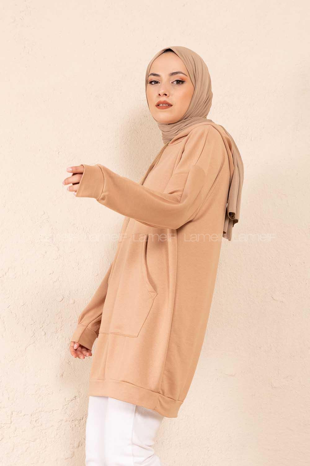 Modalamelif Kanguru Cep Kapşonlu Tunik Sütlü Kahve