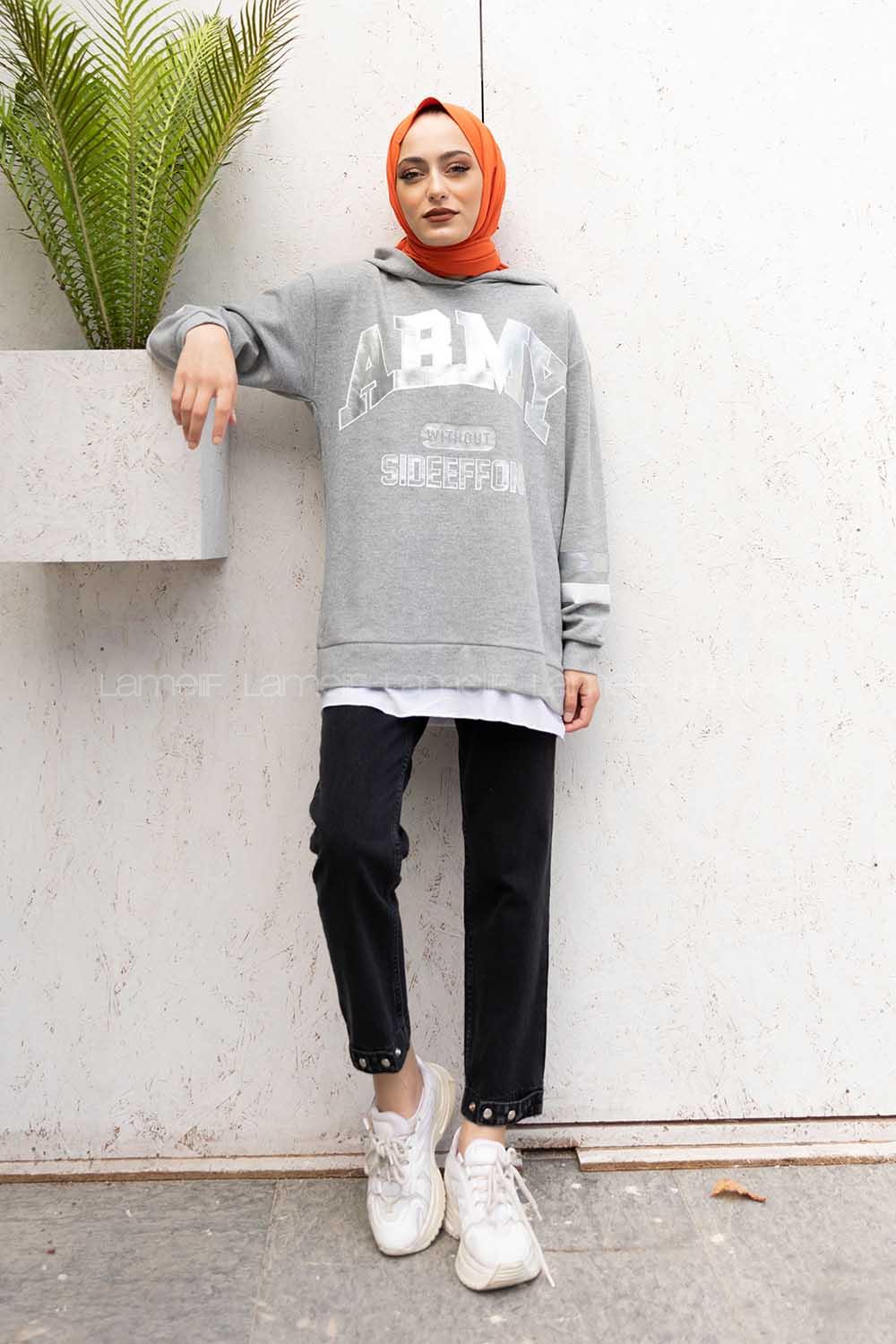 Modalamelif Kapşonlu Army Baskılı Sweatshirt Gri