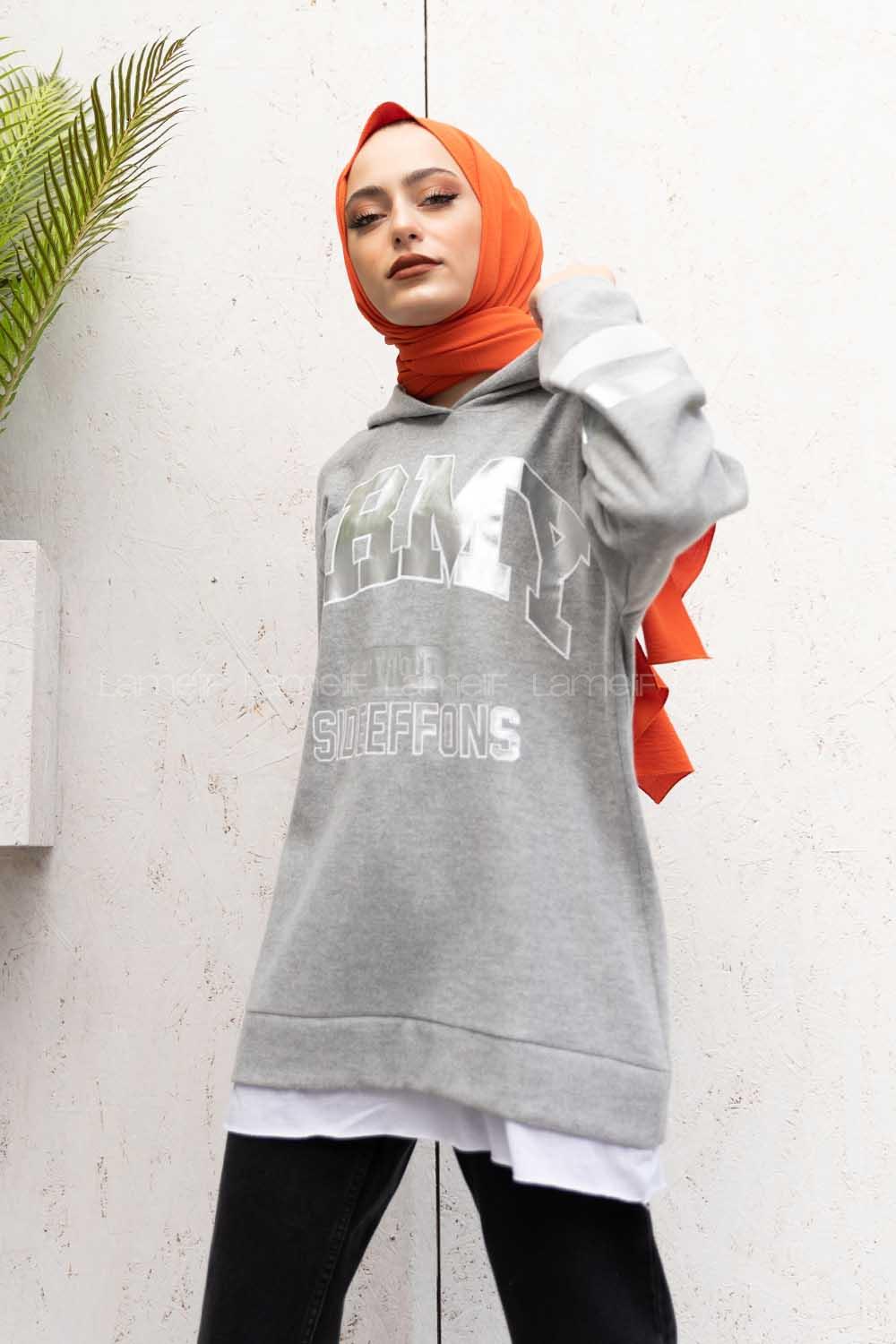 Modalamelif Kapşonlu Army Baskılı Sweatshirt Gri