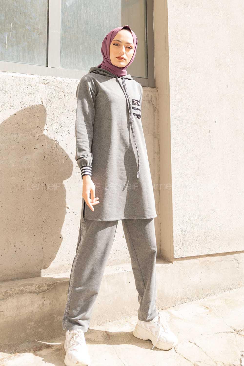 Modalamelif Kol Sim Şeritli İkili Takım Füme