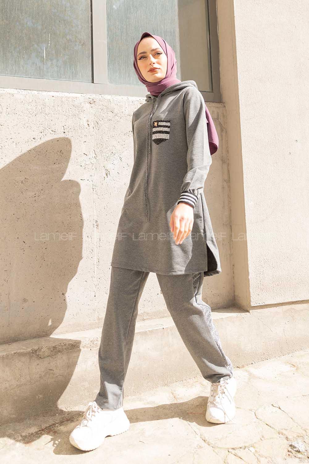 Modalamelif Kol Sim Şeritli İkili Takım Füme