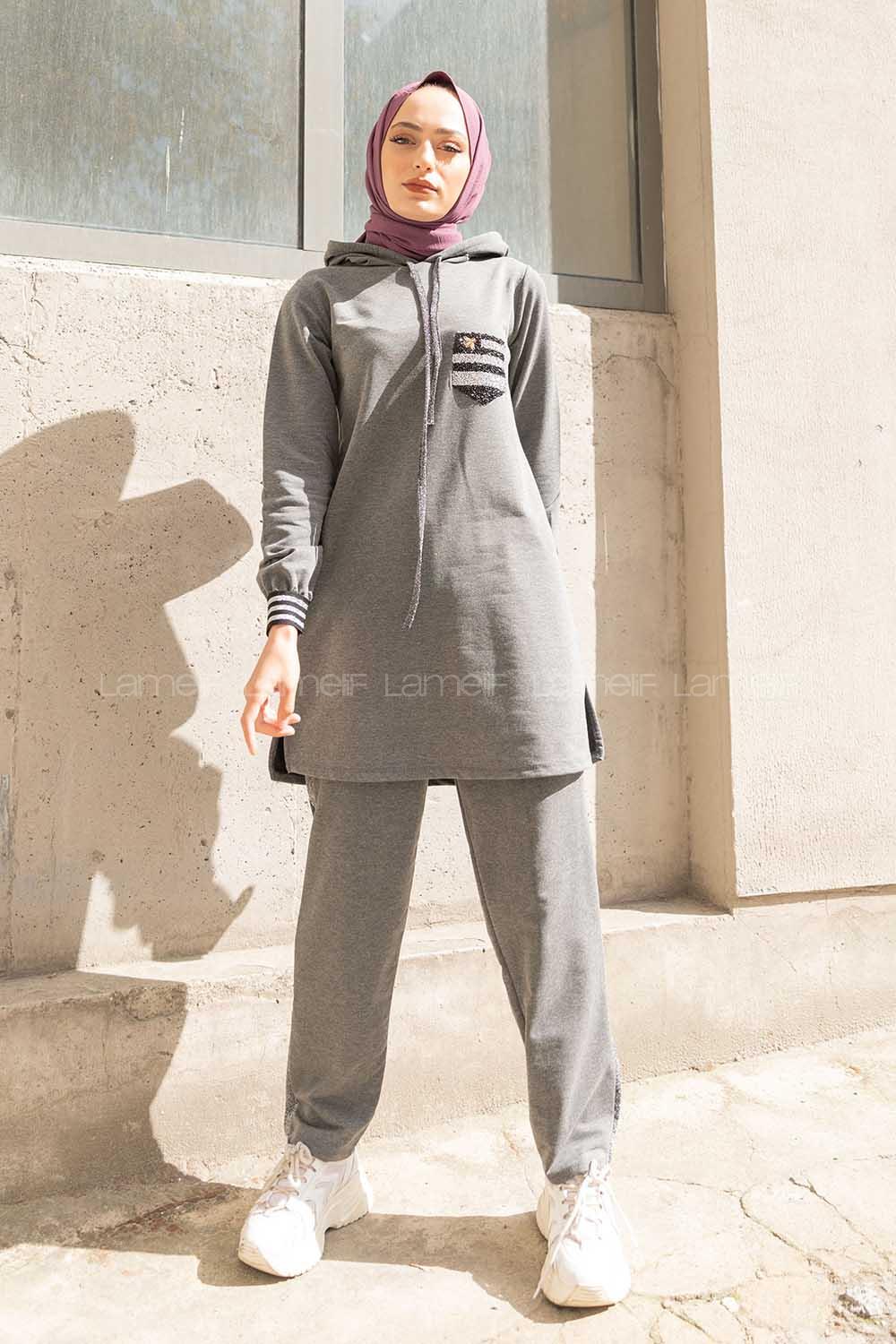 Modalamelif Kol Sim Şeritli İkili Takım Füme