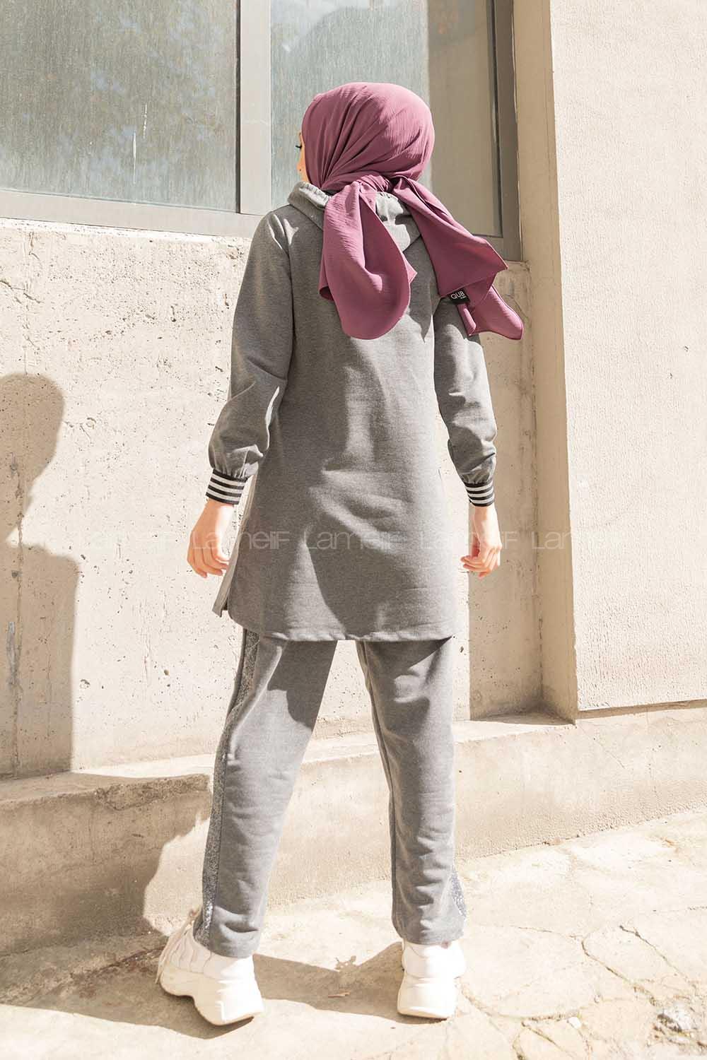 Modalamelif Kol Sim Şeritli İkili Takım Füme