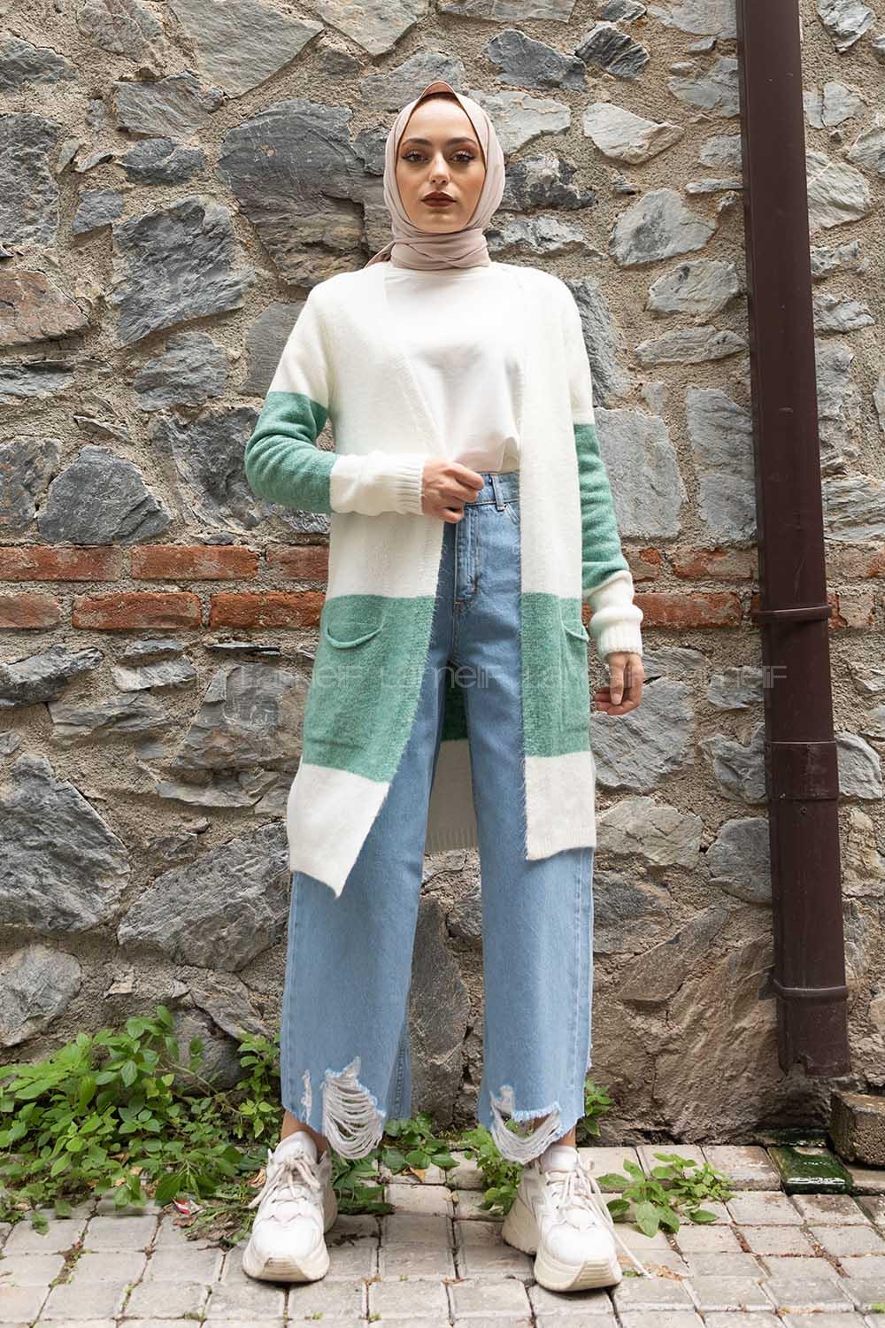 Modalamelif Körük Cep İki Renkli Triko Hırka Ekru Çağla