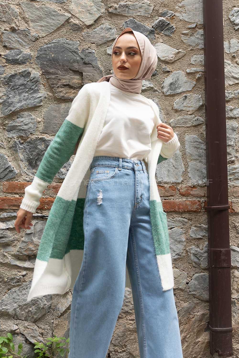 Modalamelif Körük Cep İki Renkli Triko Hırka Ekru Çağla