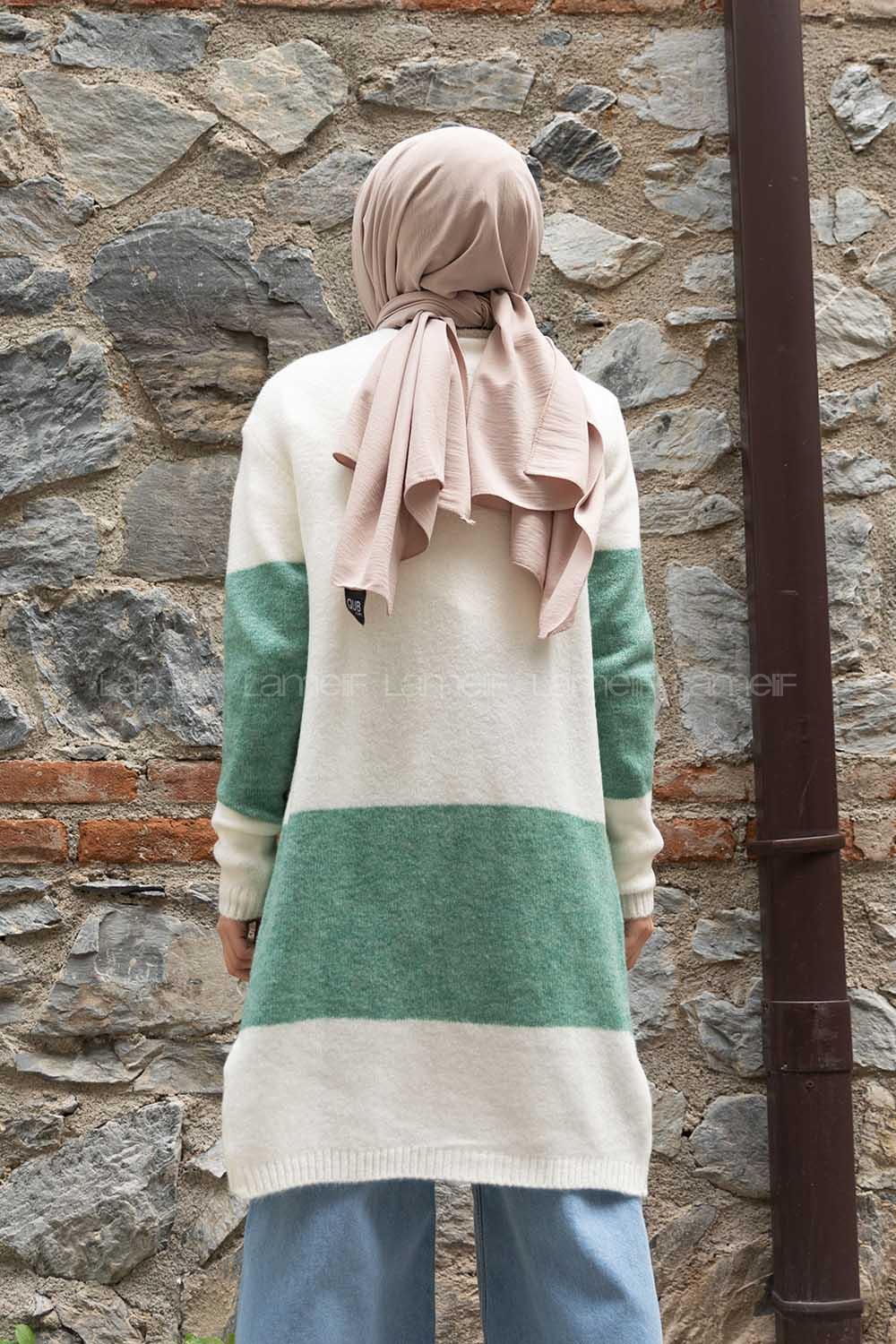 Modalamelif Körük Cep İki Renkli Triko Hırka Ekru Çağla