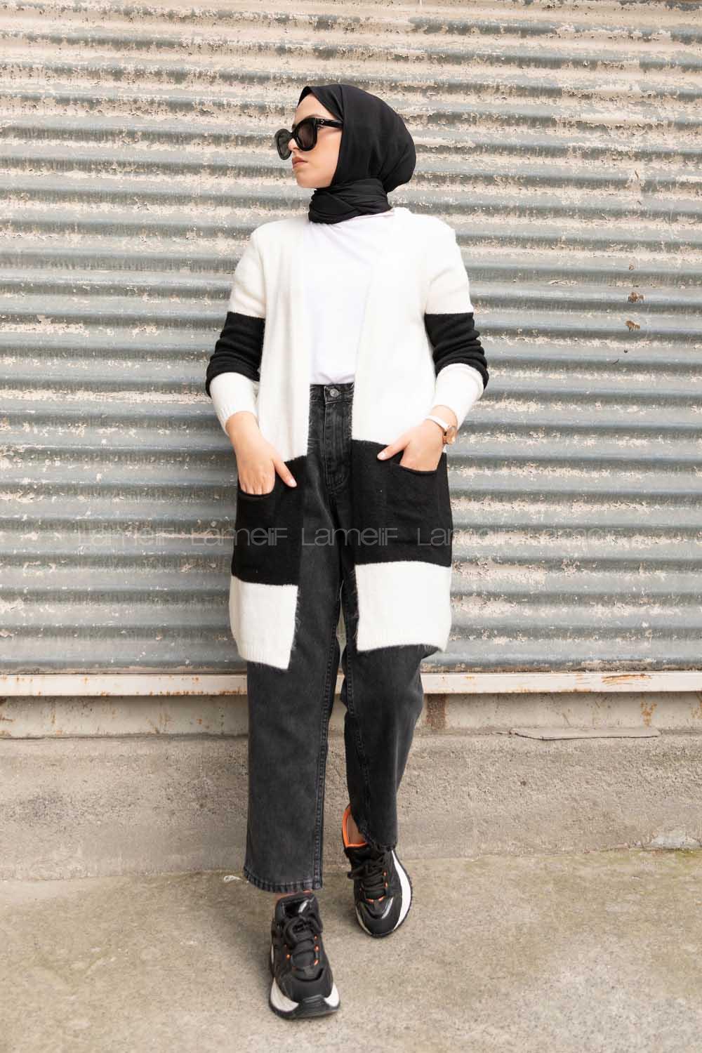 Modalamelif Körük Cep İki Renkli Triko Hırka Ekru Siyah