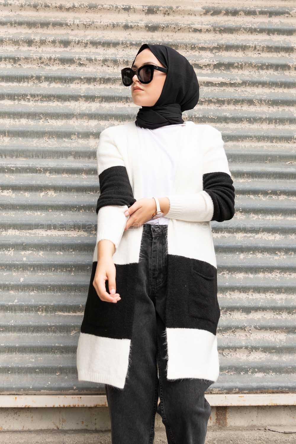 Modalamelif Körük Cep İki Renkli Triko Hırka Ekru Siyah