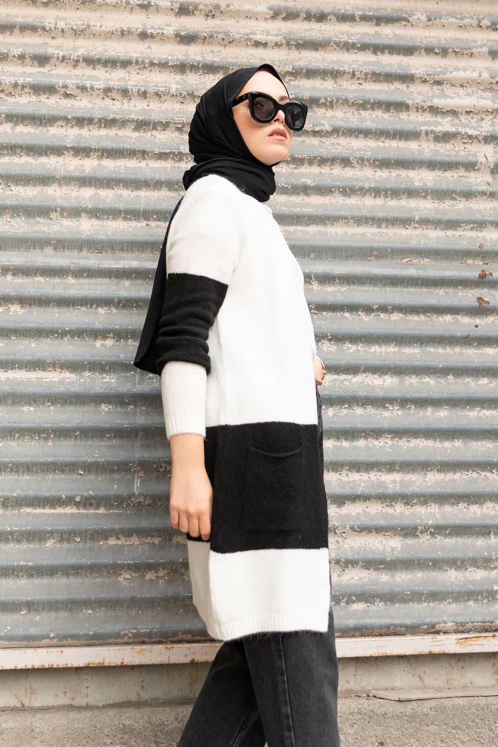 Modalamelif Körük Cep İki Renkli Triko Hırka Ekru Siyah