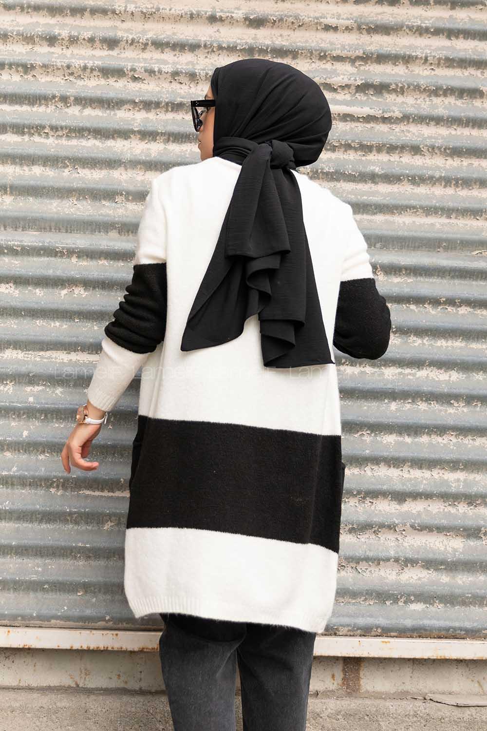 Modalamelif Körük Cep İki Renkli Triko Hırka Ekru Siyah