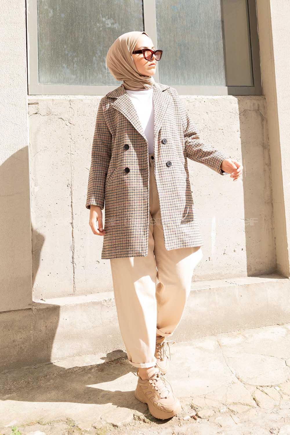 Modalamelif Kruvaze Ekose Kaban Vizonrengi