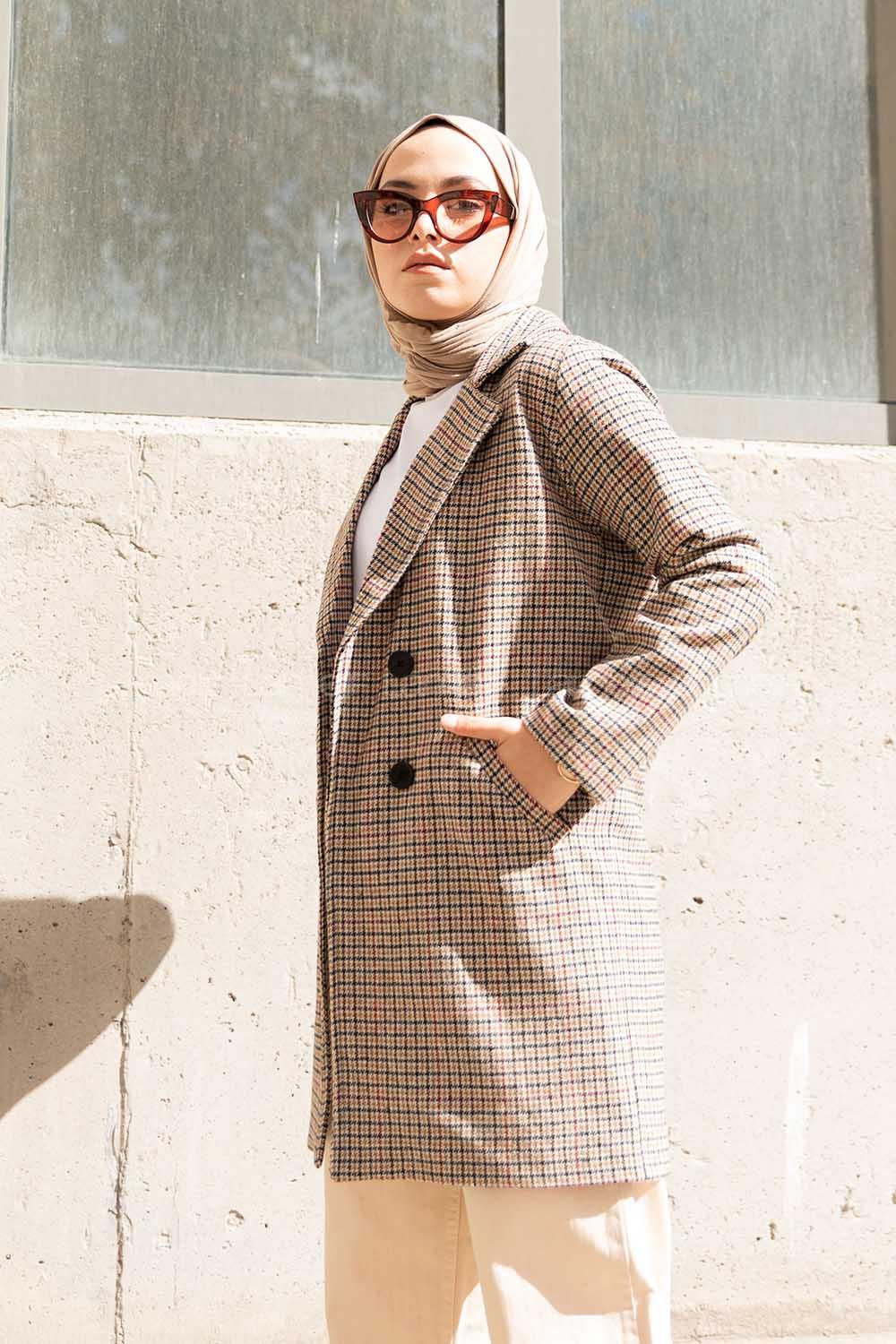 Modalamelif Kruvaze Ekose Kaban Vizonrengi