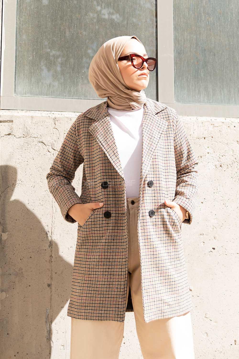 Modalamelif Kruvaze Ekose Kaban Vizonrengi