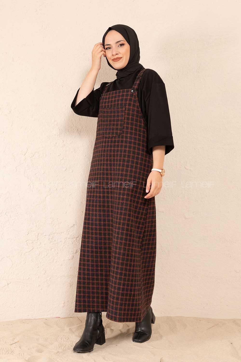 Modalamelif Önü Cepli Ekose Slopet Elbise Kiremit