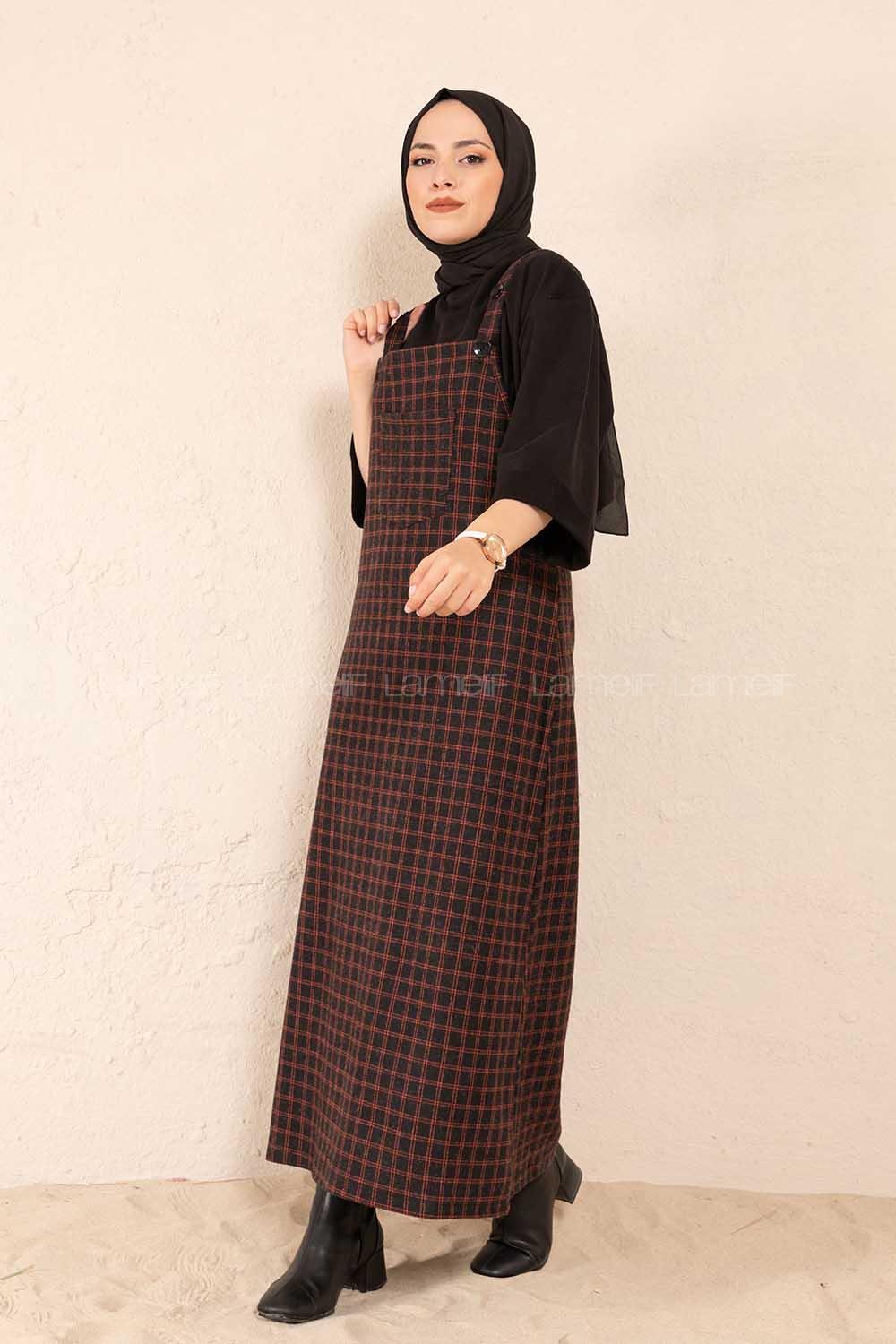 Modalamelif Önü Cepli Ekose Slopet Elbise Kiremit