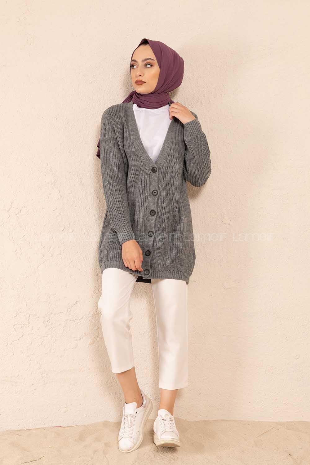 Modalamelif Önü Düğmeli Uzun Triko Hırka Gri