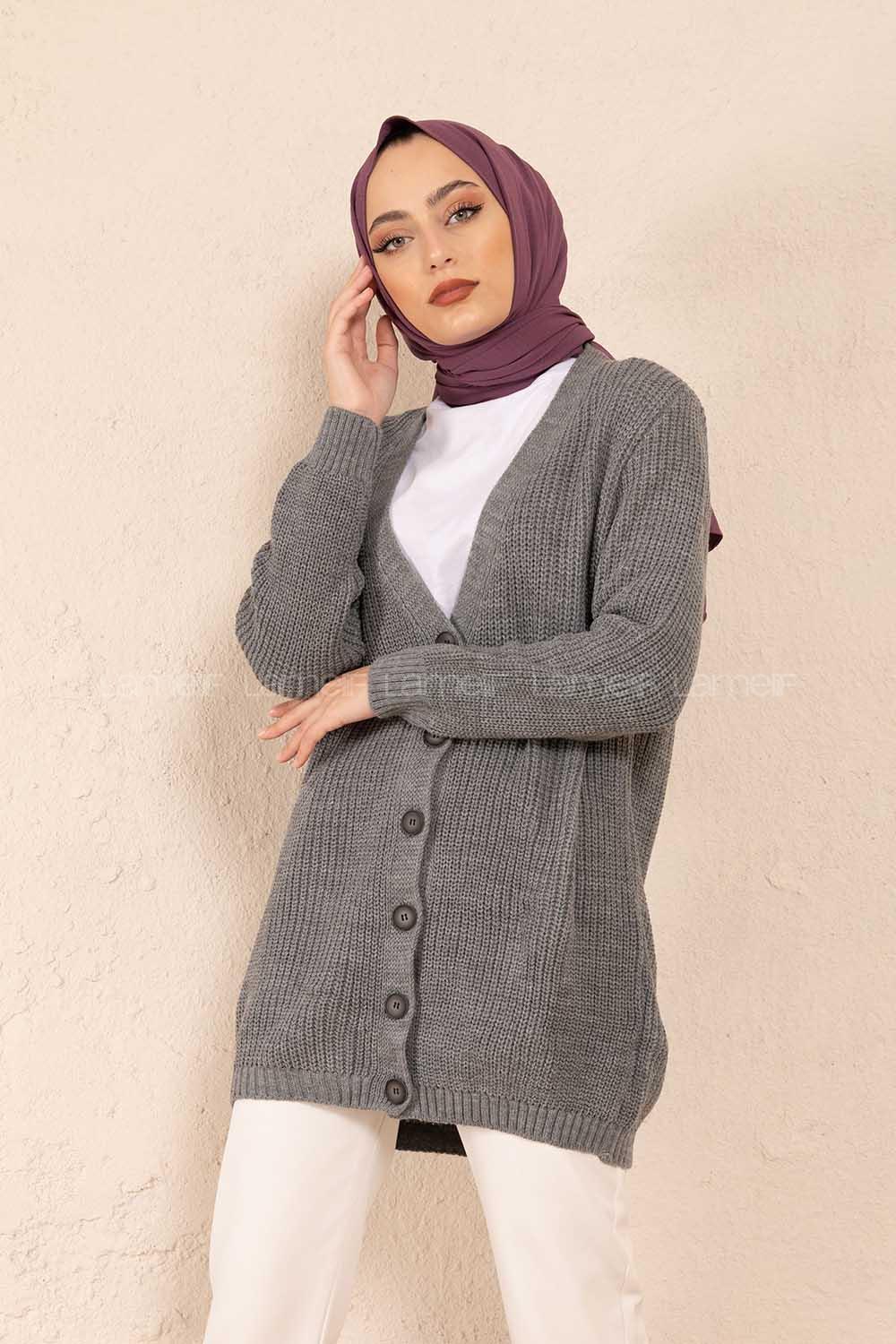 Modalamelif Önü Düğmeli Uzun Triko Hırka Gri