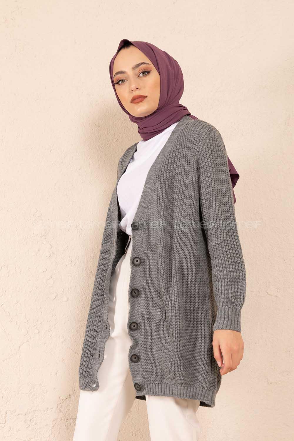 Modalamelif Önü Düğmeli Uzun Triko Hırka Gri