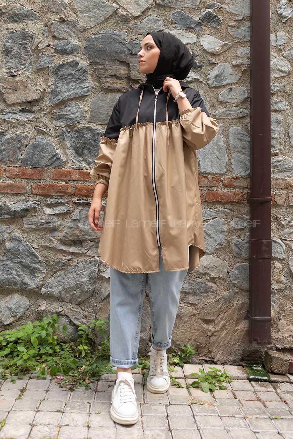 Modalamelif Önü Fermuarlı İki Renkli Kap Siyah Bej