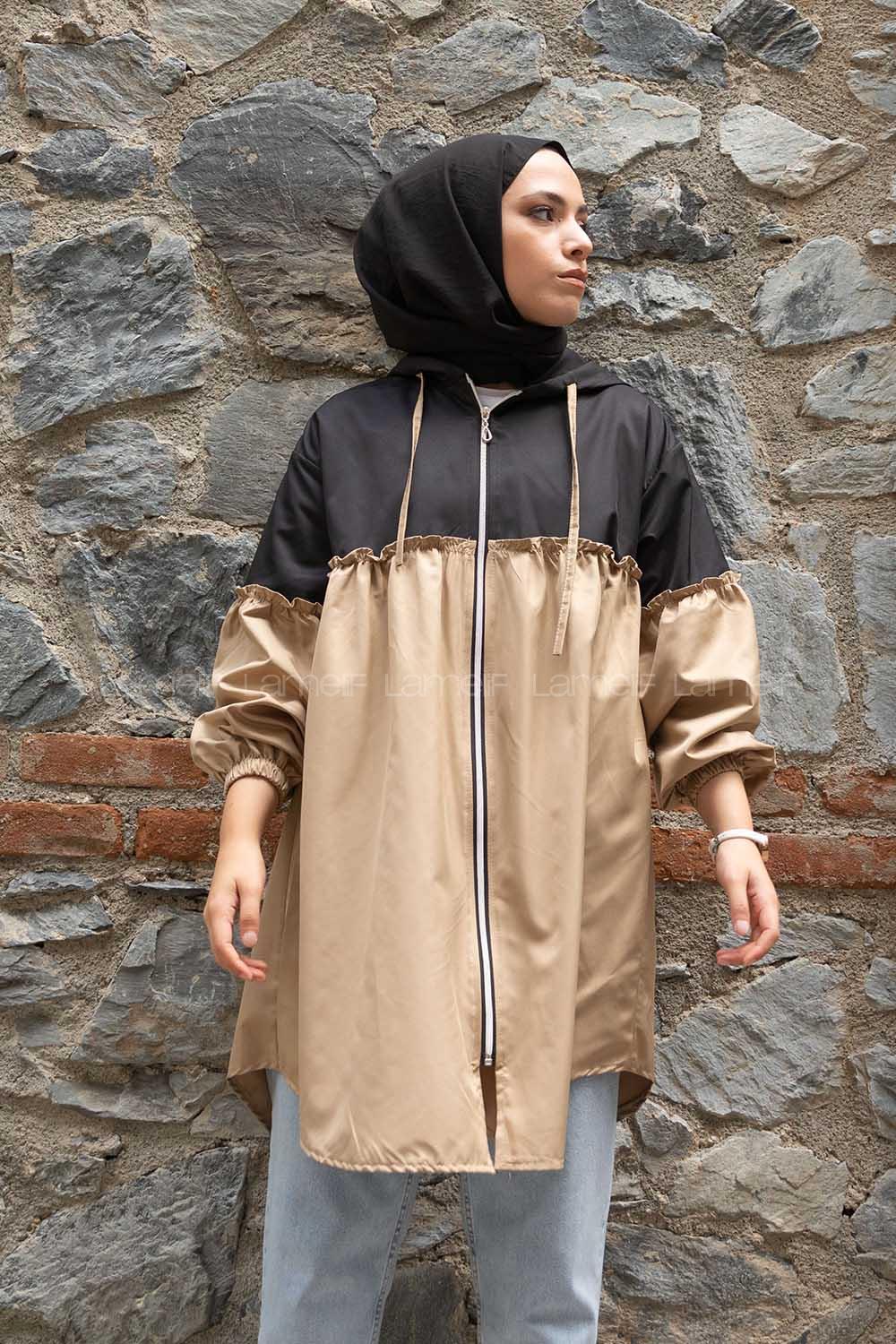 Modalamelif Önü Fermuarlı İki Renkli Kap Siyah Bej