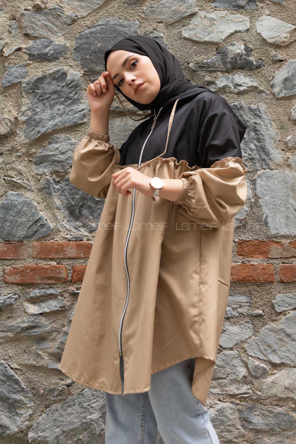 Modalamelif Önü Fermuarlı İki Renkli Kap Siyah Bej