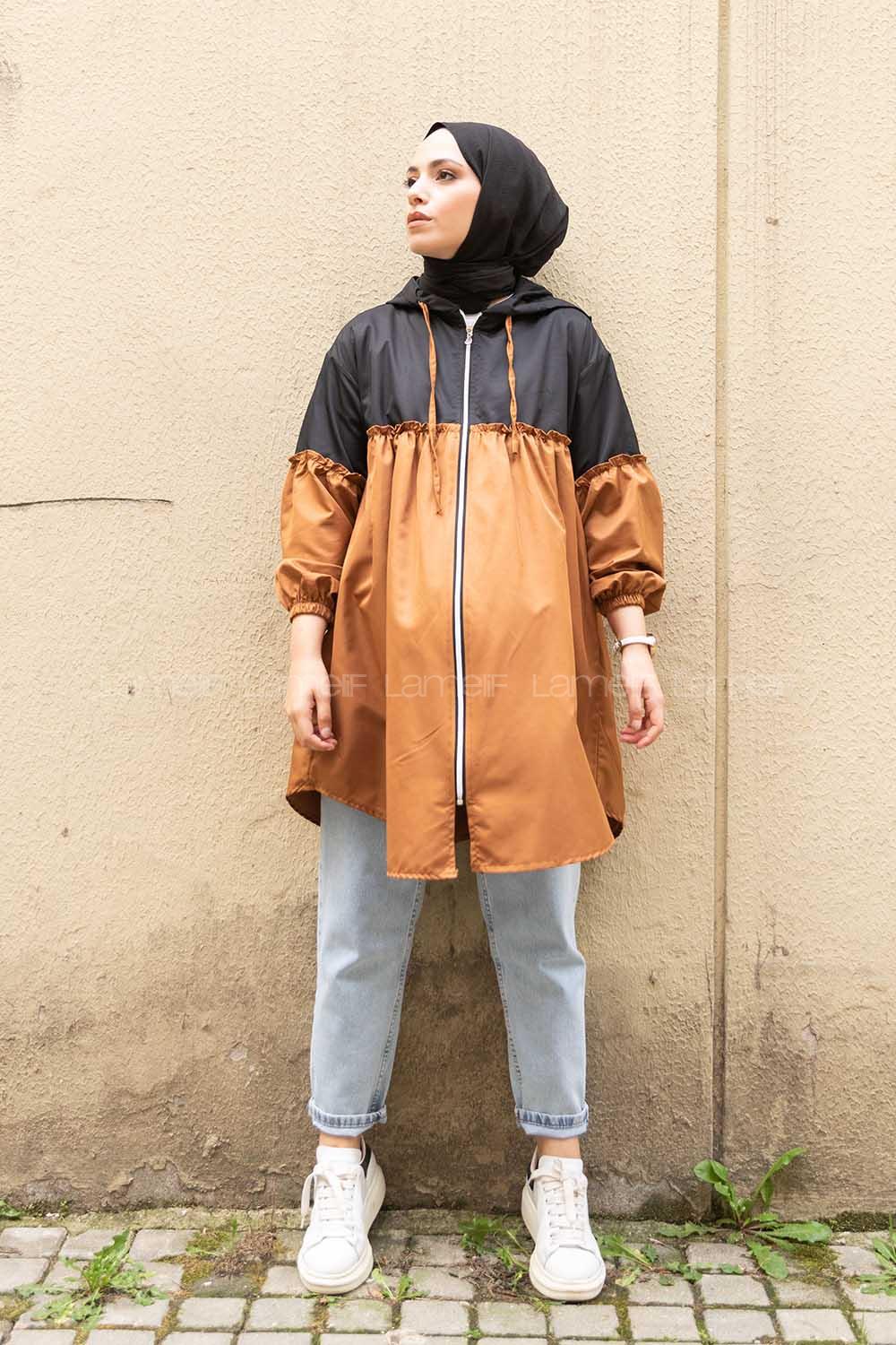 Modalamelif Önü Fermuarlı İki Renkli Kap Siyah Taba