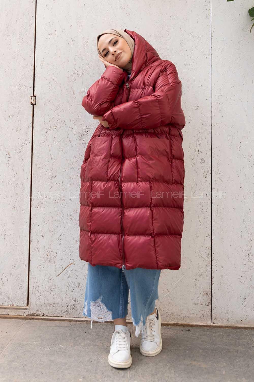 Modalamelif Önü Fermuarlı Kapşonlu Şişme Mont Bordo