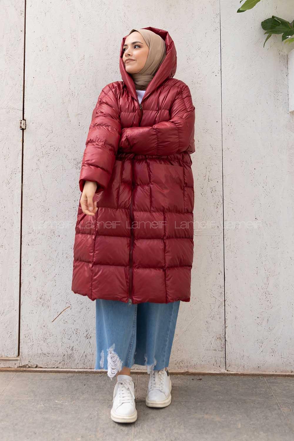 Modalamelif Önü Fermuarlı Kapşonlu Şişme Mont Bordo