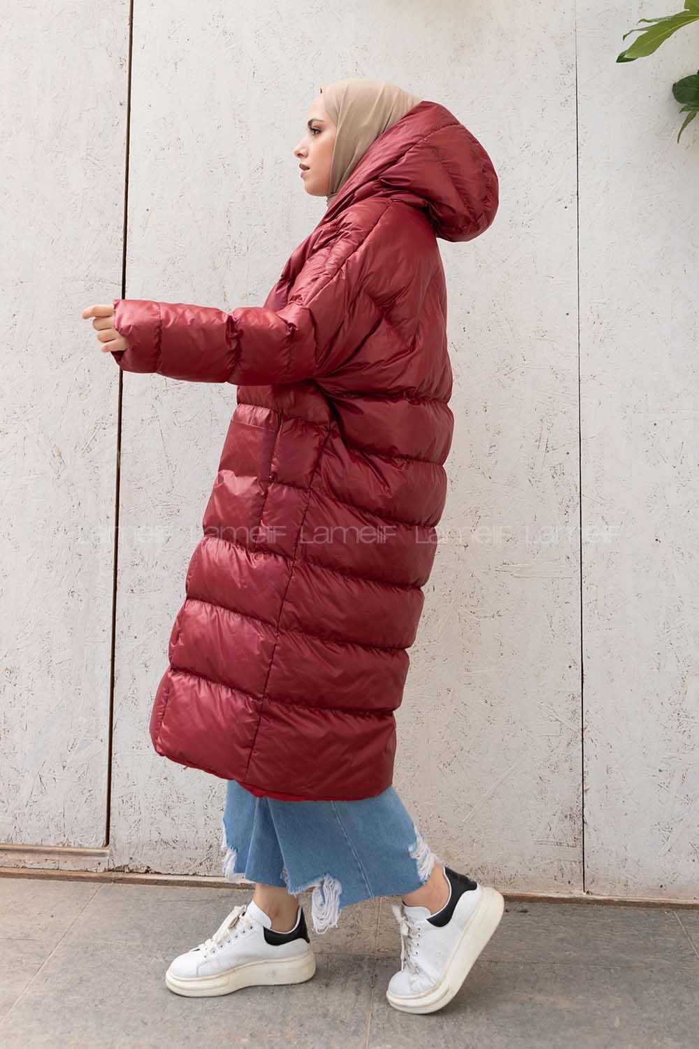 Modalamelif Önü Fermuarlı Kapşonlu Şişme Mont Bordo