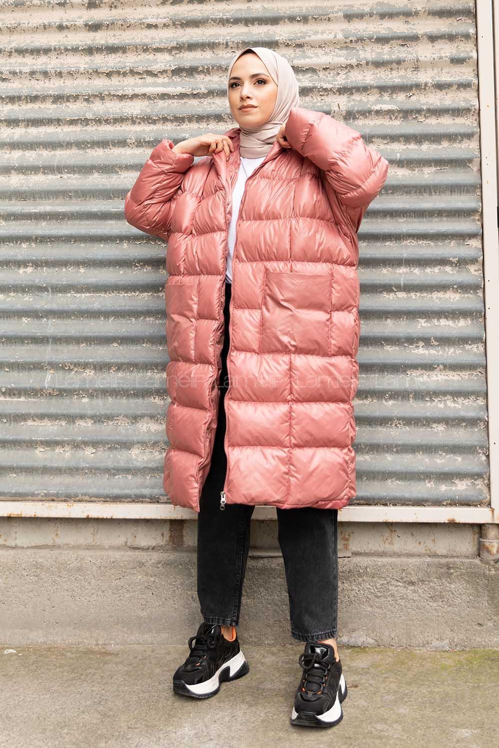 Modalamelif Önü Fermuarlı Kapşonlu Şişme Mont Pembe