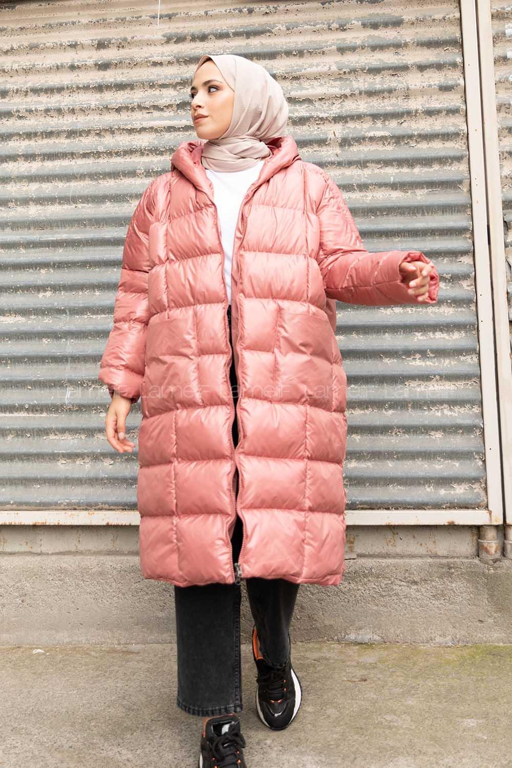 Modalamelif Önü Fermuarlı Kapşonlu Şişme Mont Pembe