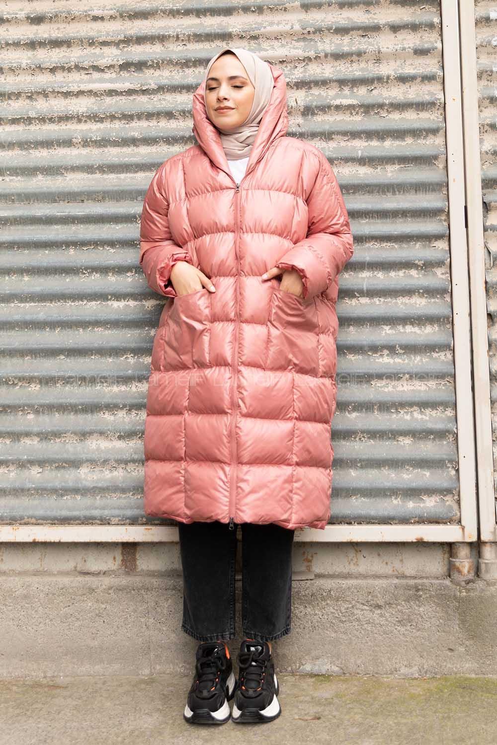 Modalamelif Önü Fermuarlı Kapşonlu Şişme Mont Pembe