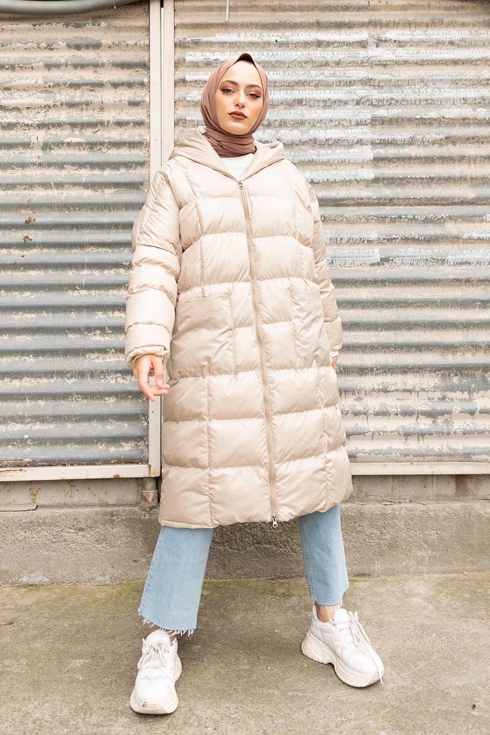 Modalamelif Önü Fermuarlı Kapşonlu Şişme Mont Taş