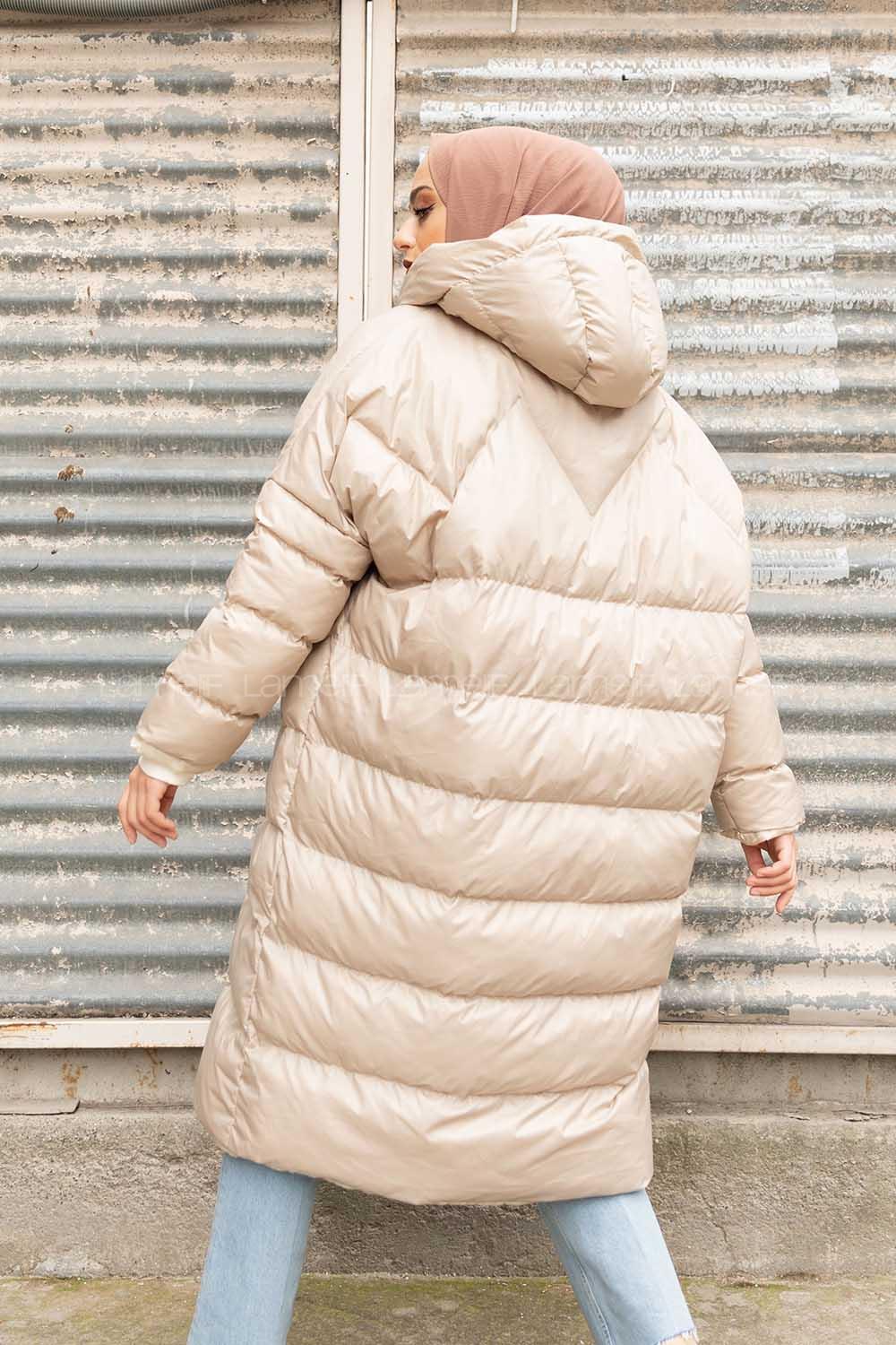 Modalamelif Önü Fermuarlı Kapşonlu Şişme Mont Taş