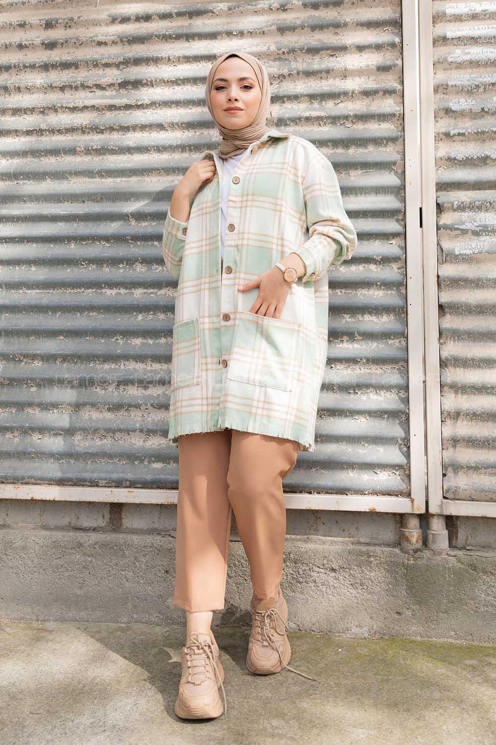 Modalamelif Önü Tahta Düğmeli Körük Cepli Gömlek Mint Yeşili