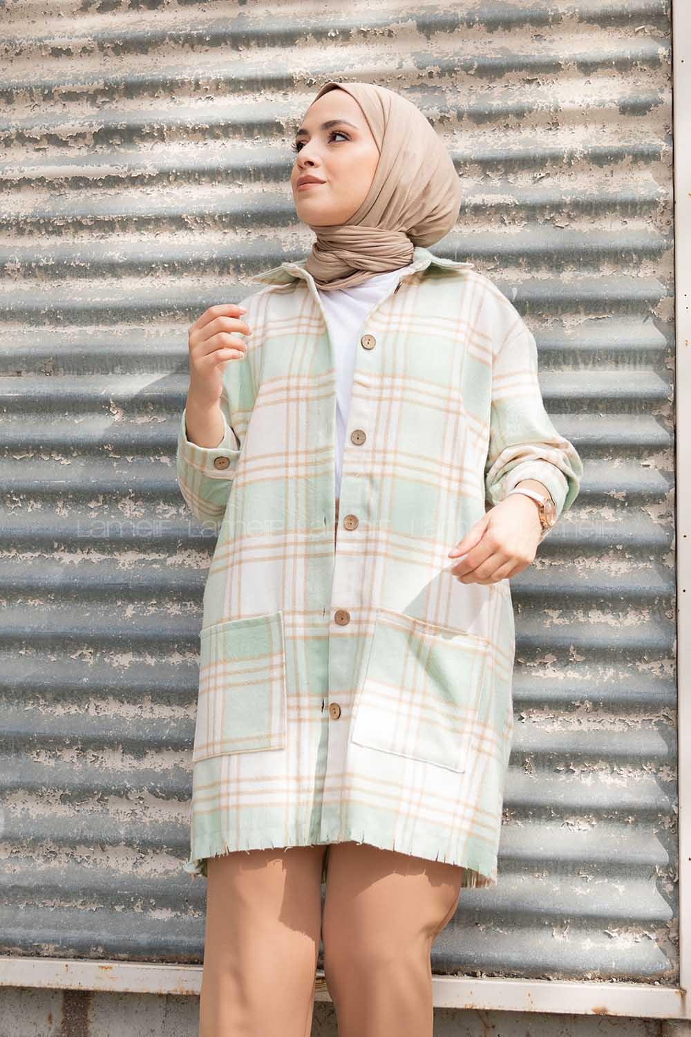 Modalamelif Önü Tahta Düğmeli Körük Cepli Gömlek Mint Yeşili