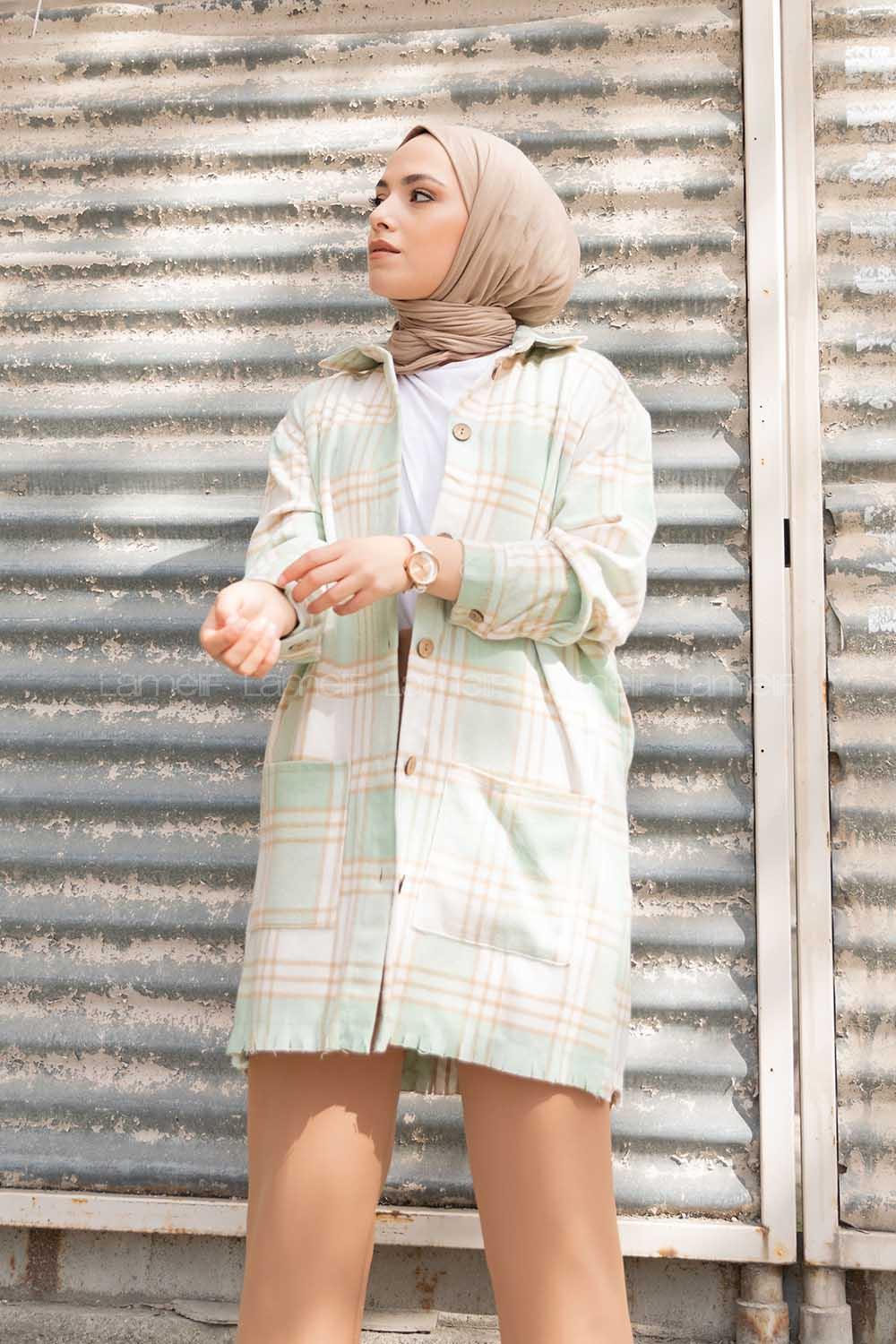 Modalamelif Önü Tahta Düğmeli Körük Cepli Gömlek Mint Yeşili