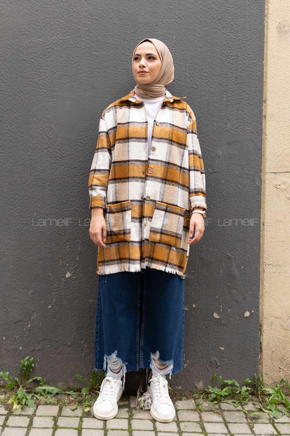 Modalamelif Önü Tahta Düğmeli Körük Cepli Gömlek Taba