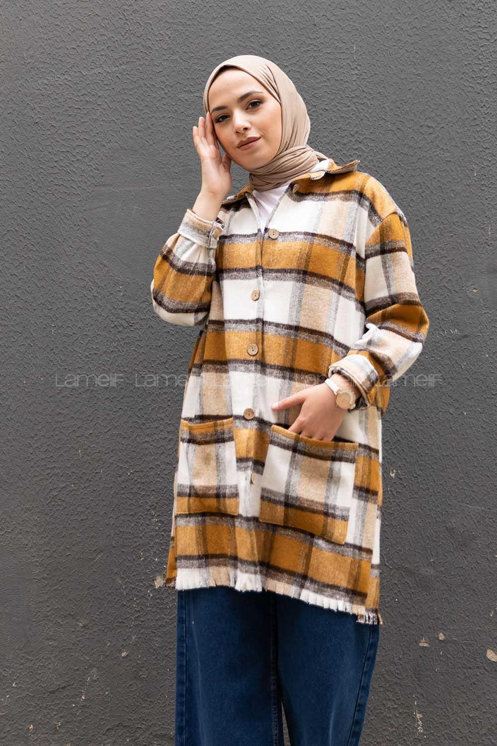 Modalamelif Önü Tahta Düğmeli Körük Cepli Gömlek Taba