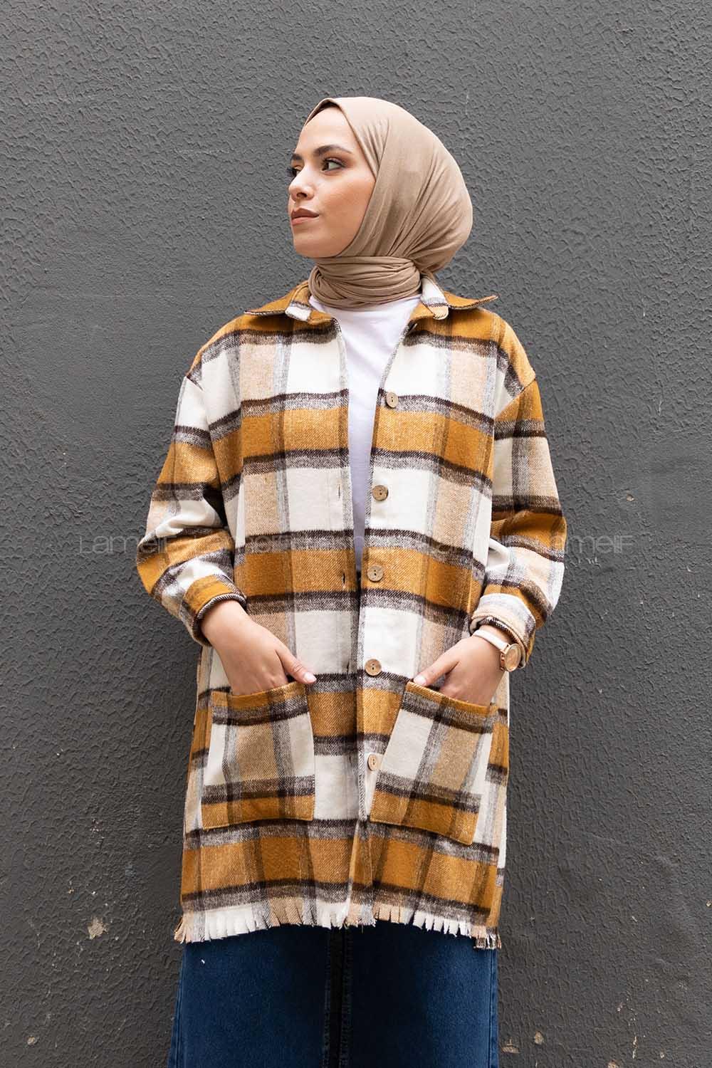 Modalamelif Önü Tahta Düğmeli Körük Cepli Gömlek Taba