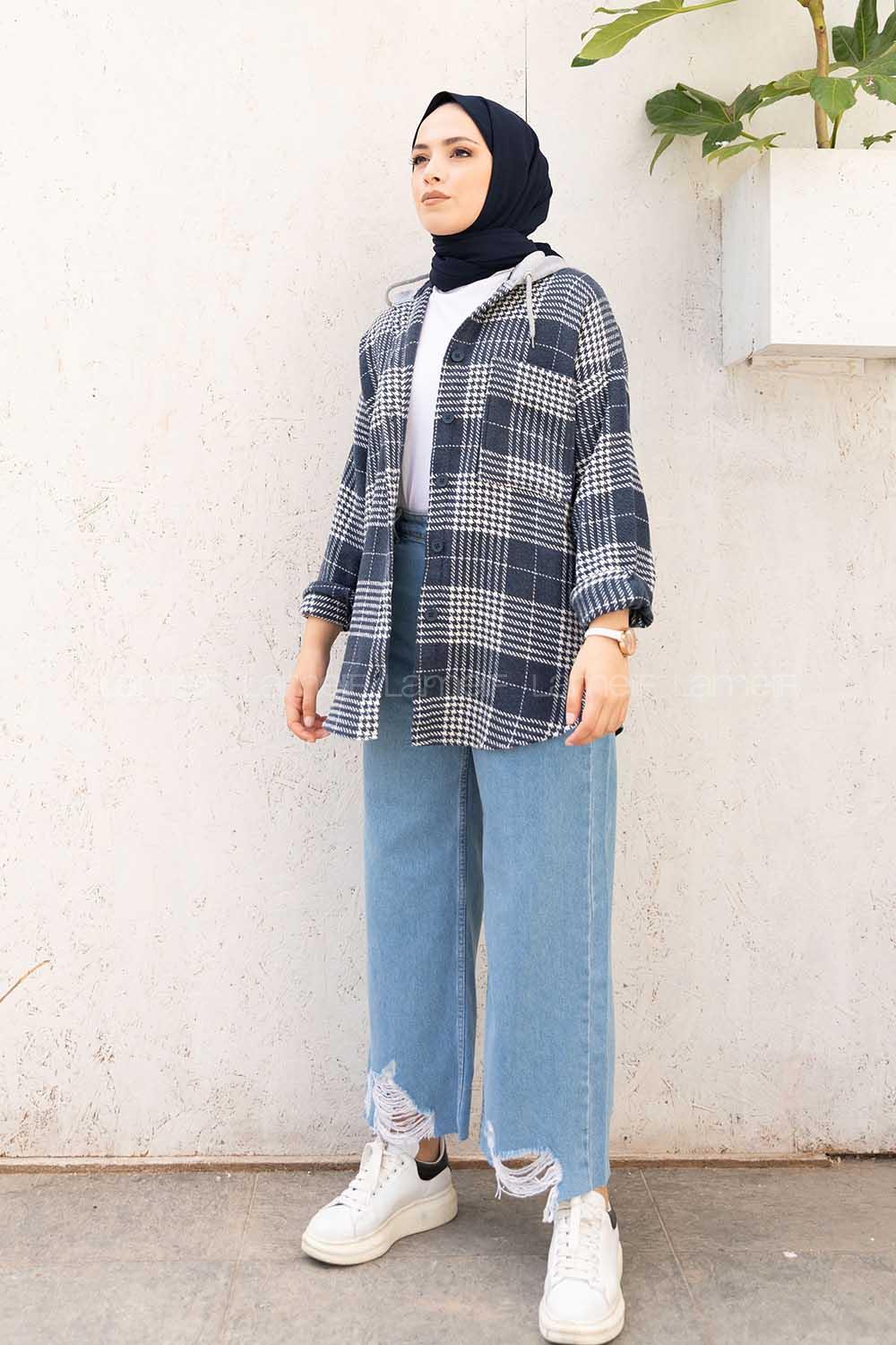 Modalamelif Tek Cepli Kapşonlu Gömlek Ekru İndigo