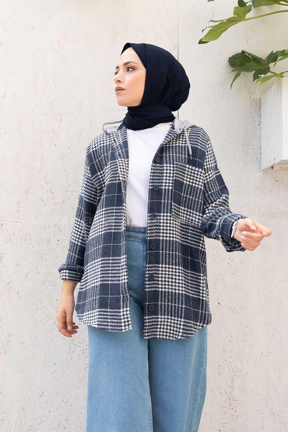 Modalamelif Tek Cepli Kapşonlu Gömlek Ekru İndigo