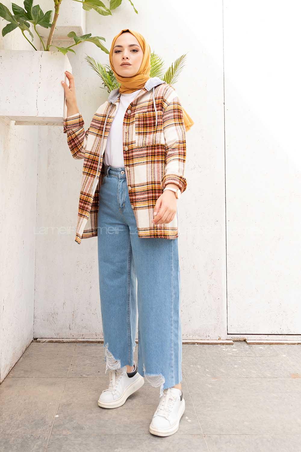 Modalamelif Tek Cepli Kapşonlu Gömlek Ekru Kiremit