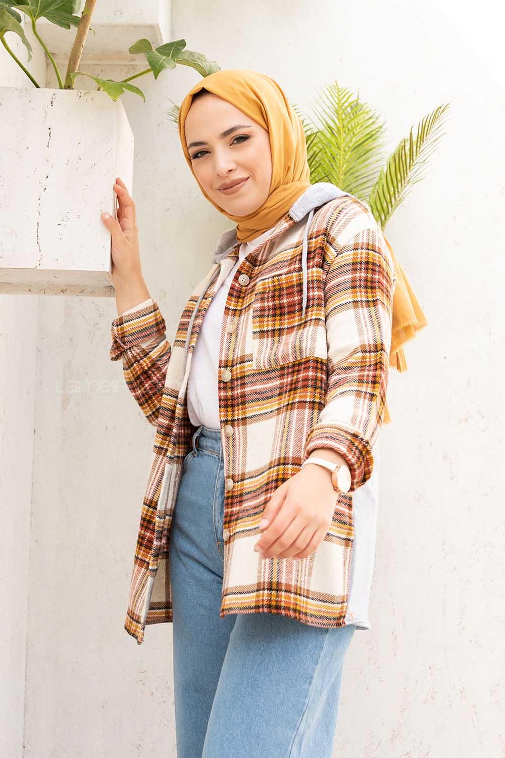 Modalamelif Tek Cepli Kapşonlu Gömlek Ekru Kiremit