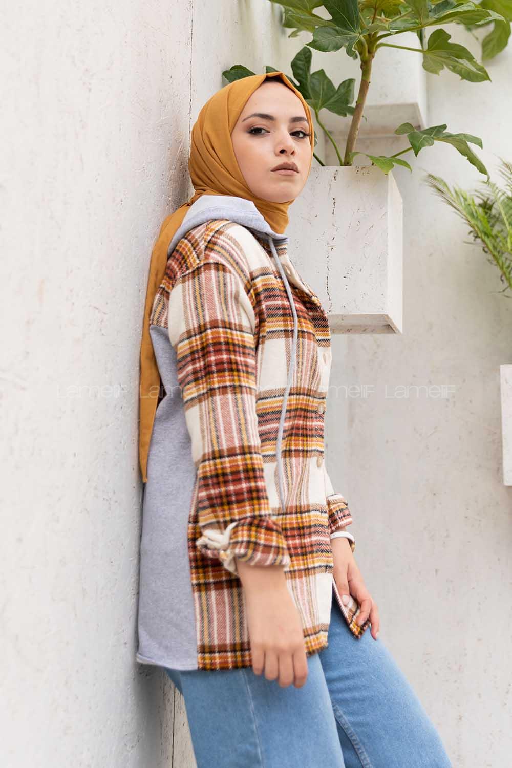 Modalamelif Tek Cepli Kapşonlu Gömlek Ekru Kiremit