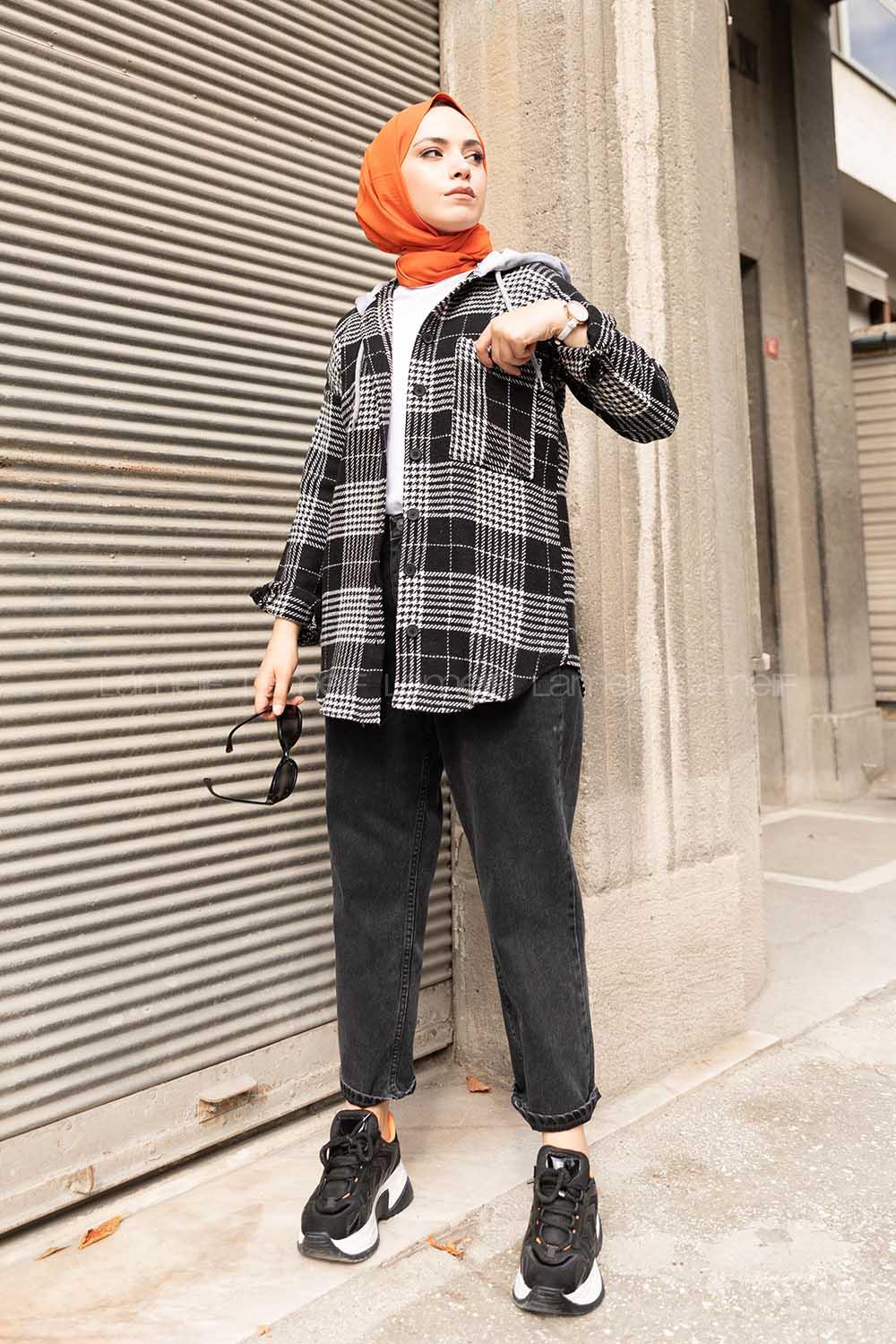 Modalamelif Tek Cepli Kapşonlu Gömlek Ekru Siyah