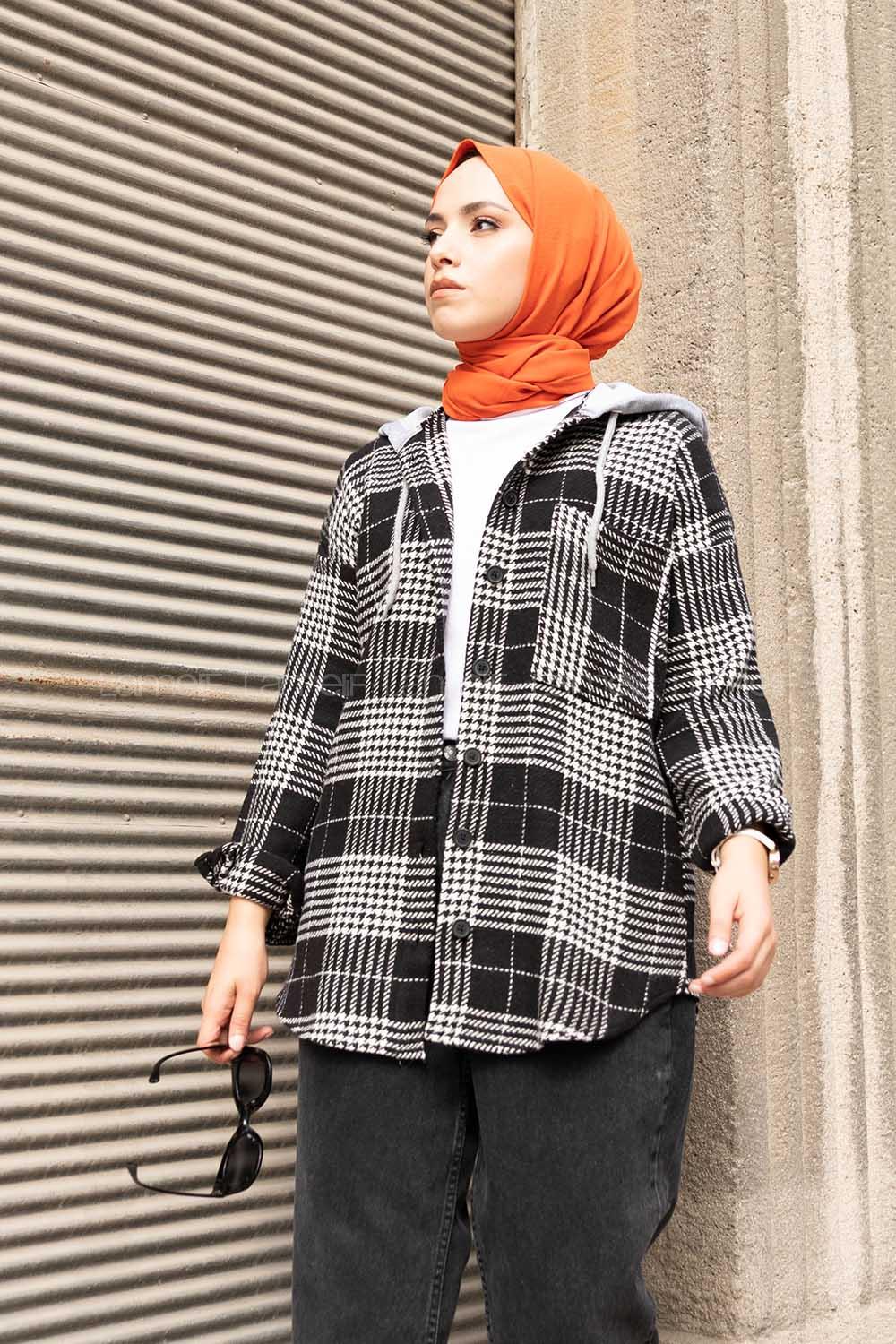 Modalamelif Tek Cepli Kapşonlu Gömlek Ekru Siyah