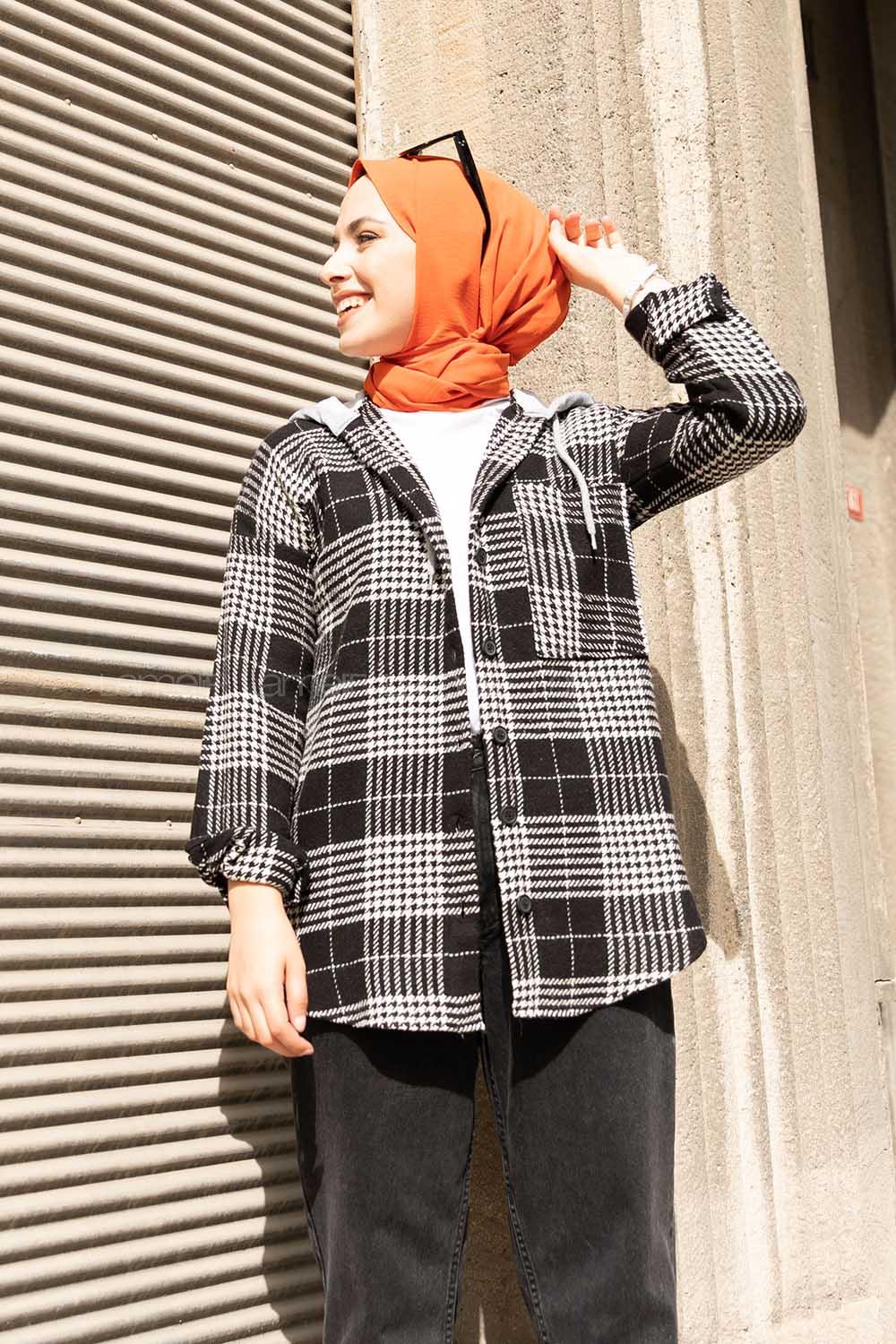 Modalamelif Tek Cepli Kapşonlu Gömlek Ekru Siyah