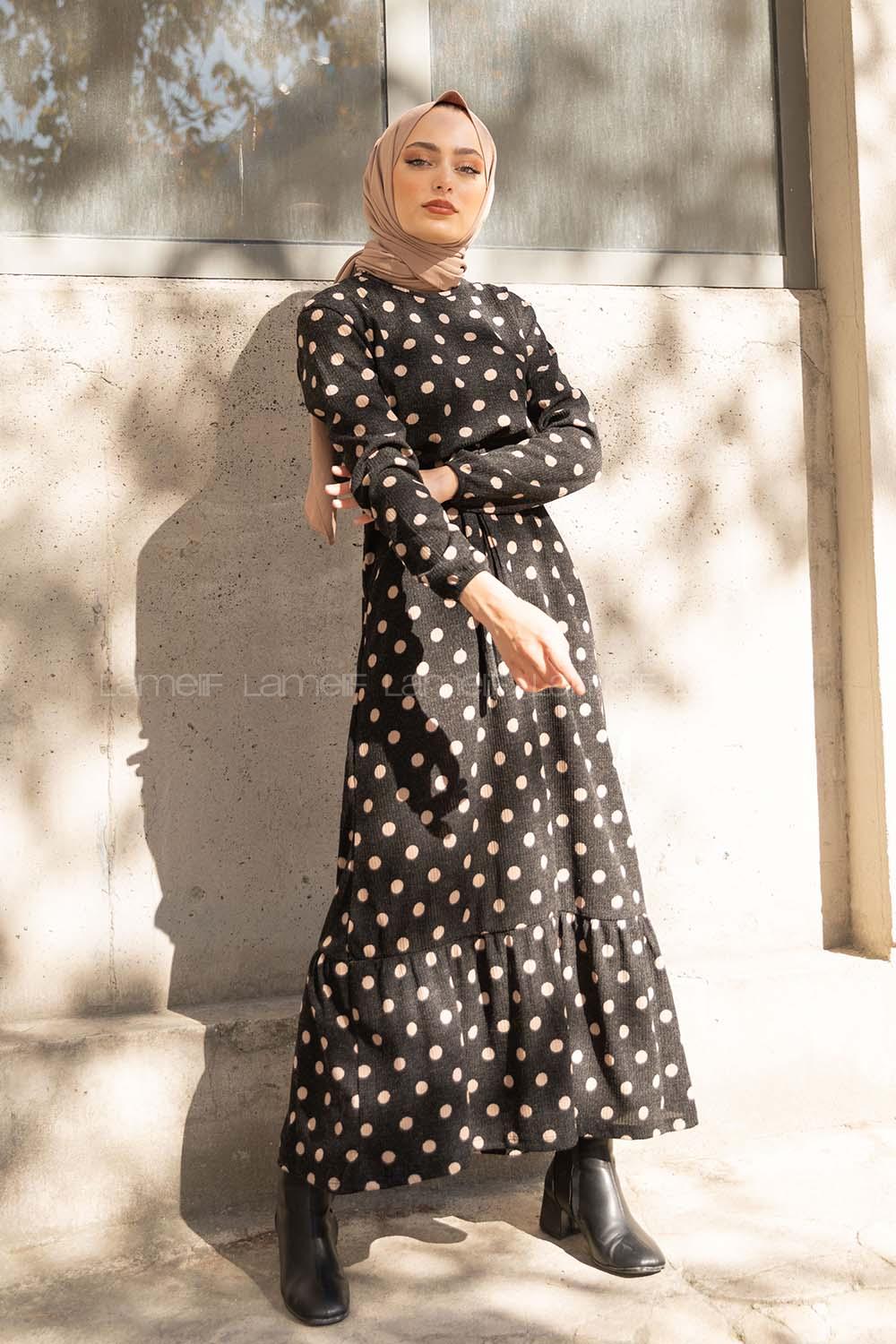 Modalamelif Bisiklet Yaka Kuşaklı Puantiye Elbise Siyah